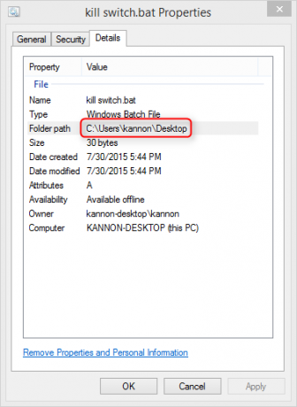 Ypatybių skirtukas „Windows Explorer“.