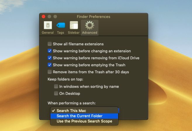 „MacOS Finder“ tinkintų paieškos parinkčių nustatymas