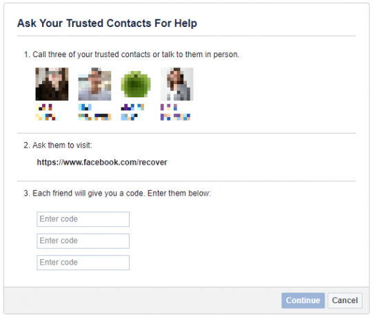 Paprašykite patikimų kontaktų padėti atkurti „Facebook“ paskyrą.