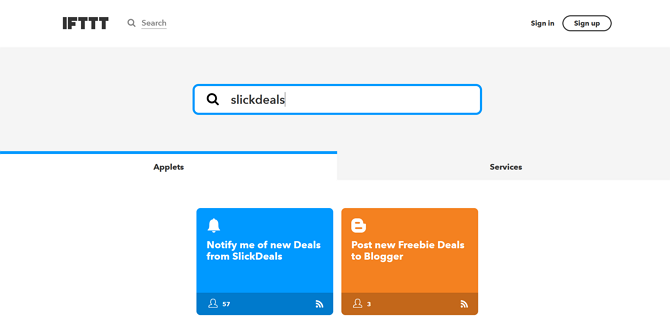 IFTTT programėlių paieškos puslapio rezultatai „SlickDeals“
