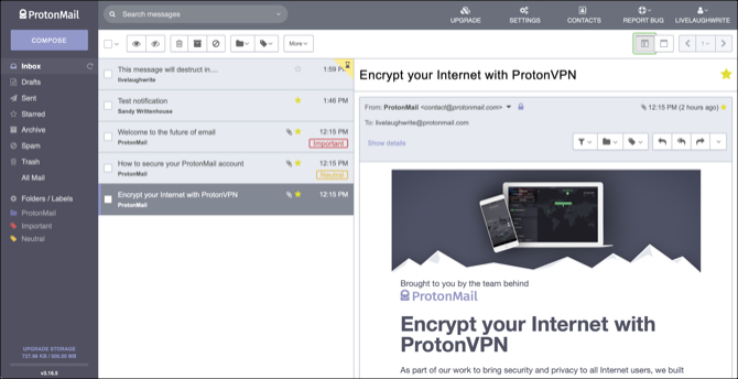 ProtonMail žiniatinklio sąsaja