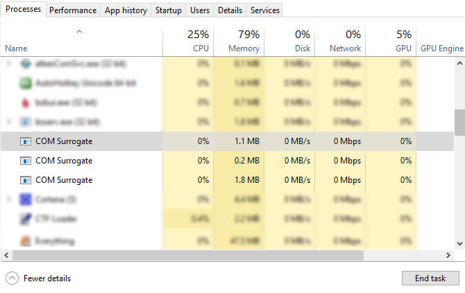 „COM Surrogate“ procesas „Windows“ užduočių tvarkytuvėje