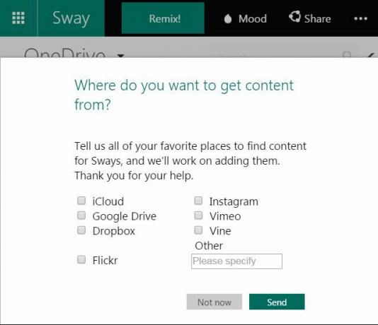 „Microsoft Sway“ duomenų importavimo parinktys