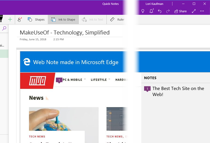„Edge“ žiniatinklio pastaba „OneNote“