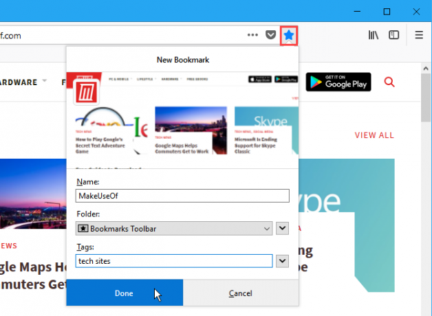 Naujas žymių dialogo langas „Bookmark“ naudojant „Firefox“