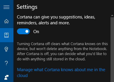 „Windows 10 Cortana“ nustatymai