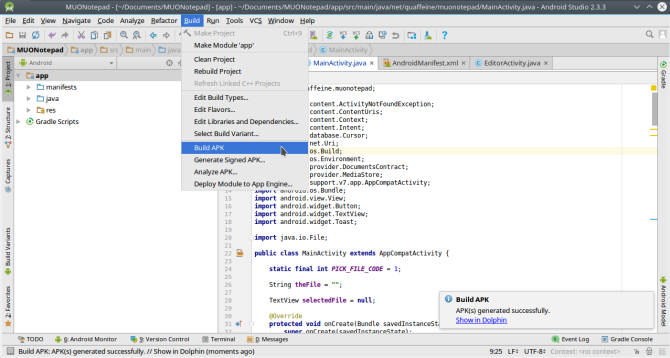 „Android“ sukurkite programą „Androidstudio“ apk meniu