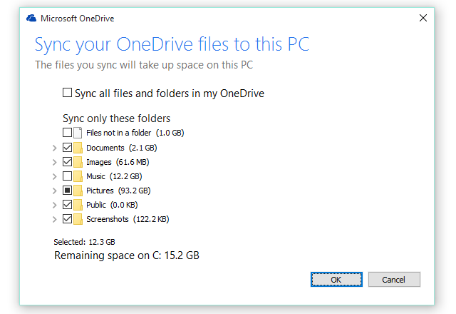 „OneDrive“ sinchronizavimo nustatymai