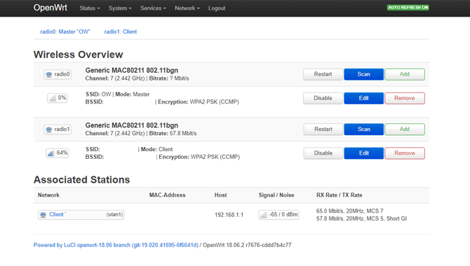 „OpenWRT LuCI“ prietaisų skydelio belaidis meniu