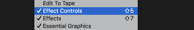 „Premiere Pro“ efektų valdymo meniu