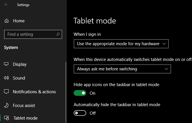 „Windows 10“ planšetinio kompiuterio režimo parinktys
