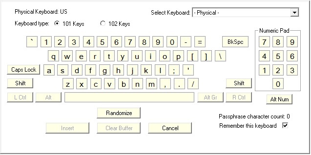 Virtuali klaviatūra, skirta „Password Safe“ programai