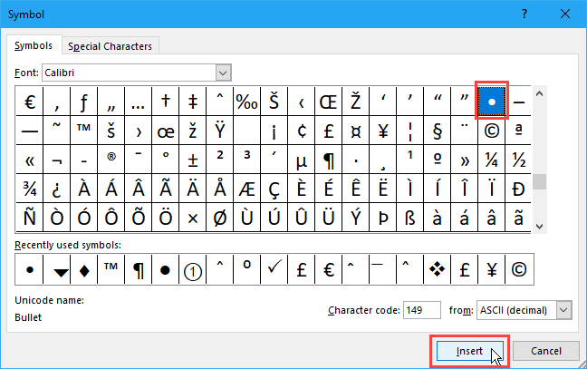 „Excel“ dialogo lange „Symbol“ pasirinkite ženklelį