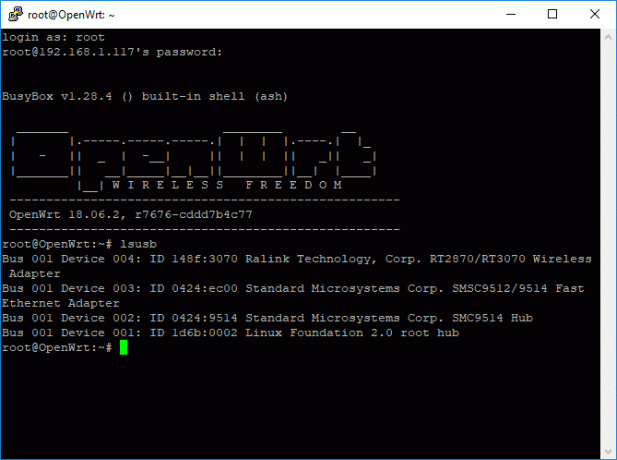 „OpenWRT“ glaisto terminalo lango ekranas