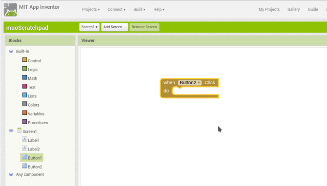 Android sukurti app appinventor screen1 buttonblock1