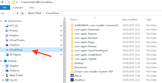 „iCloud“ valdymo skydelis, esantis „Windows File Explorer“ ekrano kopijoje