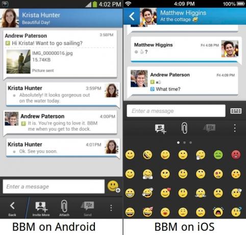 „BBM“ „Android“ ir „iOS“ ekrano kopijose