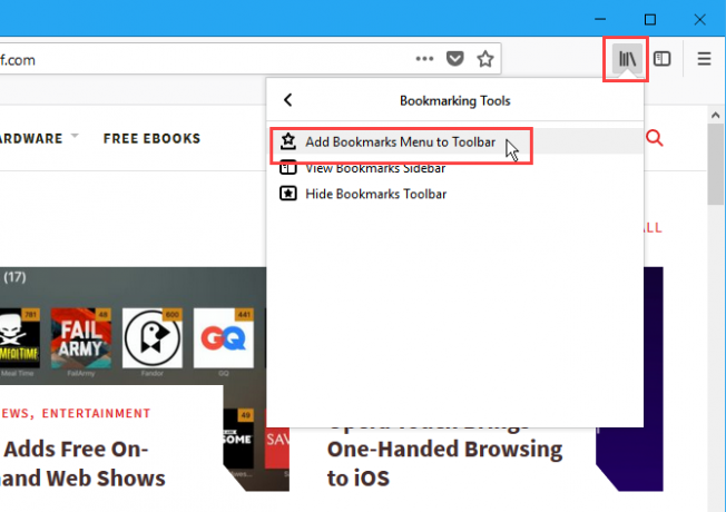 Pridėti „Bookmarks“ meniu „Firefox“ įrankių juostoje