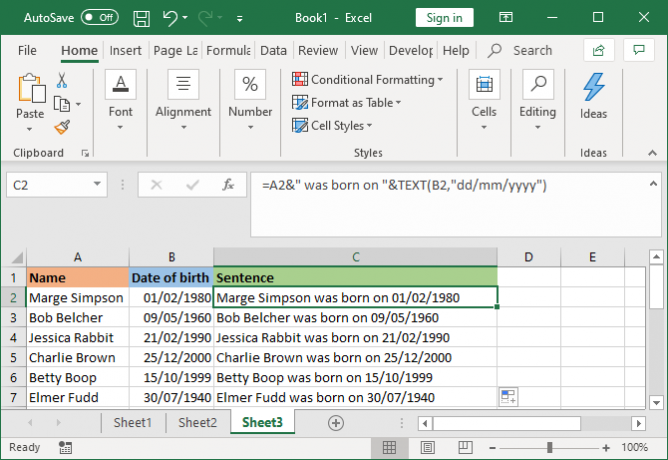 „excel“ kombinuota ląstelė su teksto formule