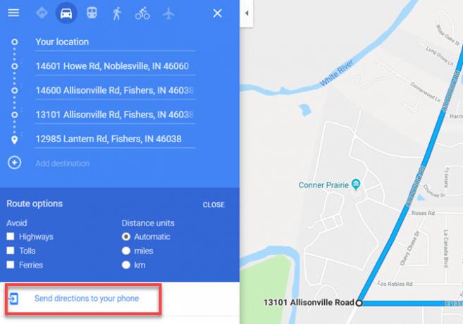 „Google Maps“ siuntimo maršrutas į telefoną