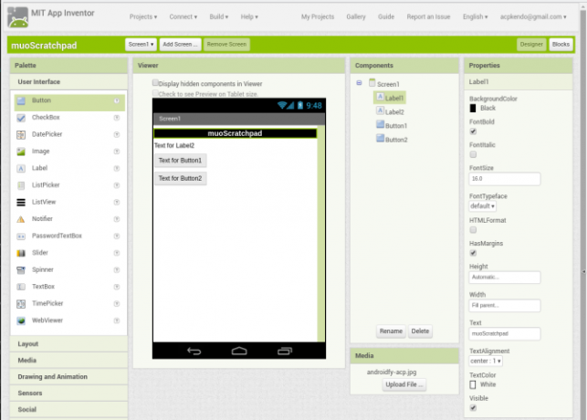 Android sukurti app appinventor screen1 labelconfig