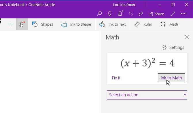 Skirtuke „Piešimas“ spustelėkite „Ink to Math“