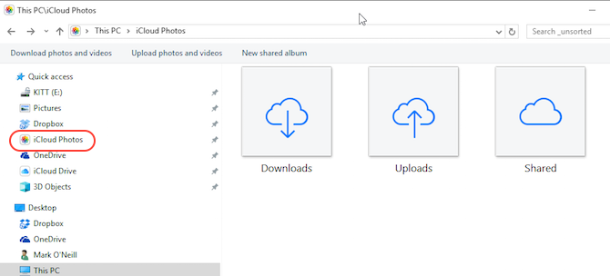 „iCloud“ valdymo skydelio nuotraukos „Windows File Explorer“ ekrano kopijoje