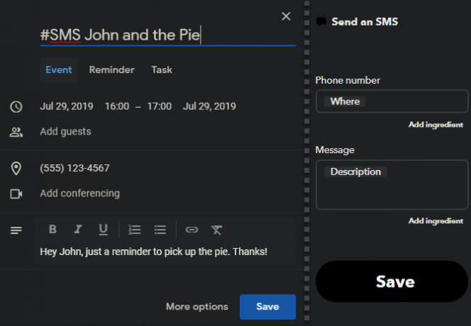 IFTTT „Google“ kalendoriaus tvarkaraščio SMS žinutė