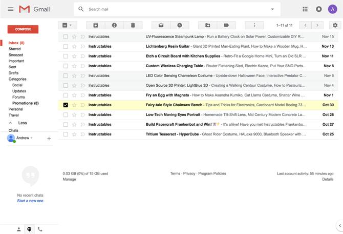Andrew Powello klasikinės „Gmail“ temos ekrano kopija