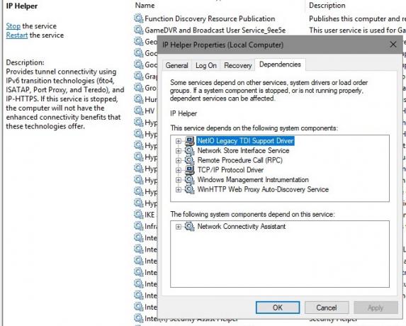 „Windows“ paslaugų priklausomybės