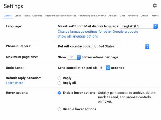 „Gmail“ nustatymų parinkčių ekrano kopija