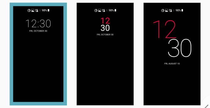 Kaip skiriasi „Android“ priklausomai nuo aparatūros gamintojo, „Android“ versijų „LG v30“ užrakto ekrano parinktys e1509740361579