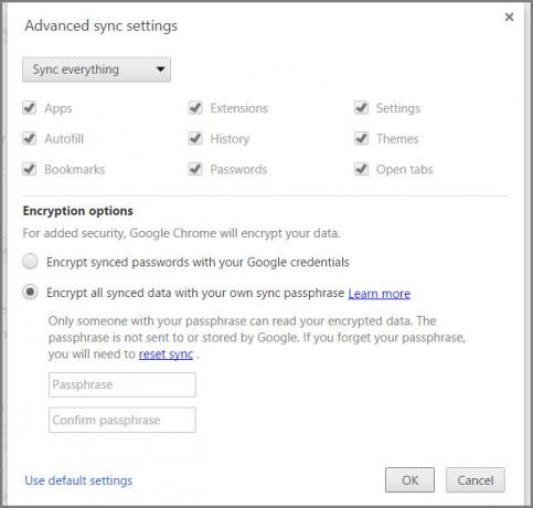 Chromesyncs nustatymai