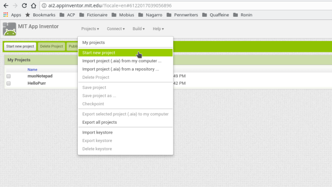 „Android“ sukurkite programą „appinventor“ naują projektą