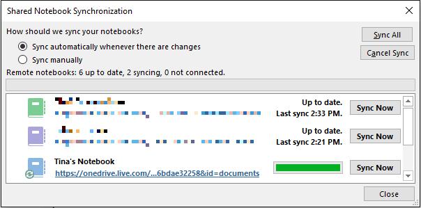 „OneNote“ sinchronizavimas