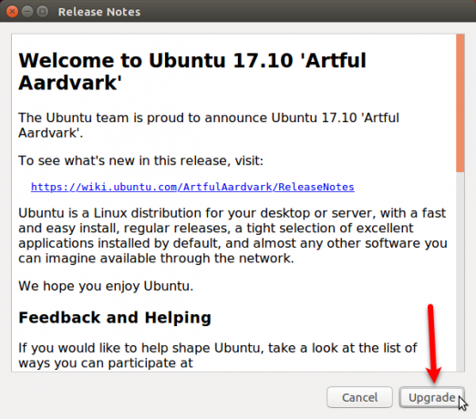 Atnaujinkite „Ubuntu 17.10“ atnaujinimo dialogo langą