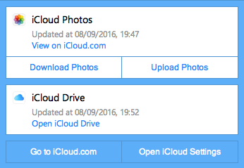 „iCloud“ valdymo skydelio ekrano kopija