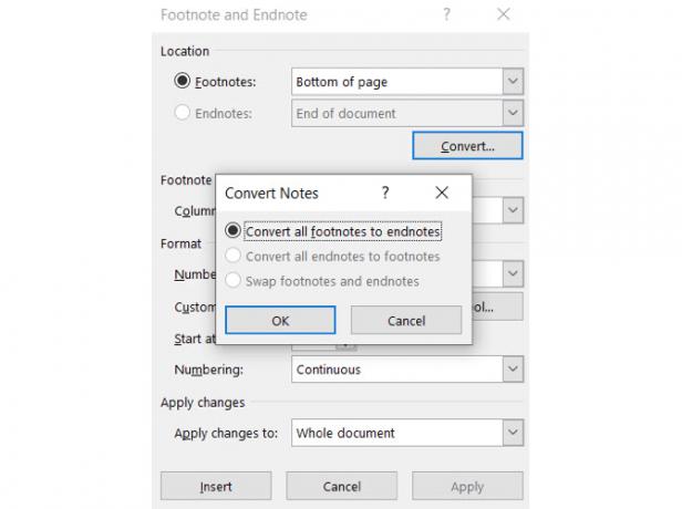 Konvertuokite visas išnašas „Word“ pabaigomis