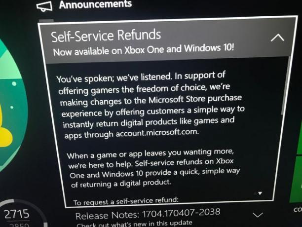 „Microsoft“ pristato „Xbox One“ tipo „Microsoft Service Refund“ skaitmeninio atsisiuntimo sistemą, panašią į grąžinimo sistemą