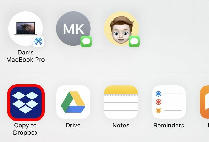 Nukopijuokite į „Dropbox“ mygtuką „iPhone Share Sheet“