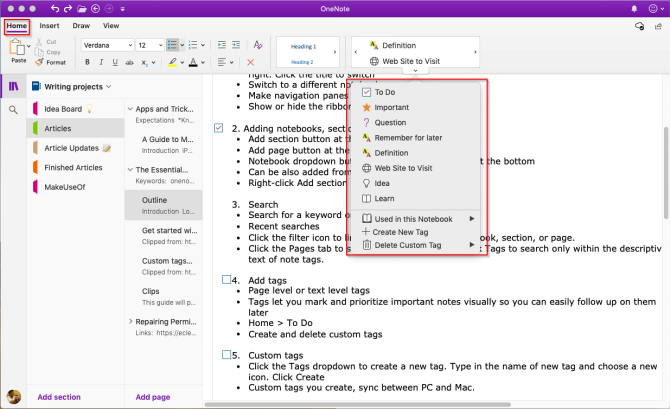 pridėti žymą prie „OneNote“ iš žymų galerijos