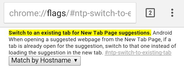 „chrome-flag“ ir „android“ perjungimas į esamą skirtuką