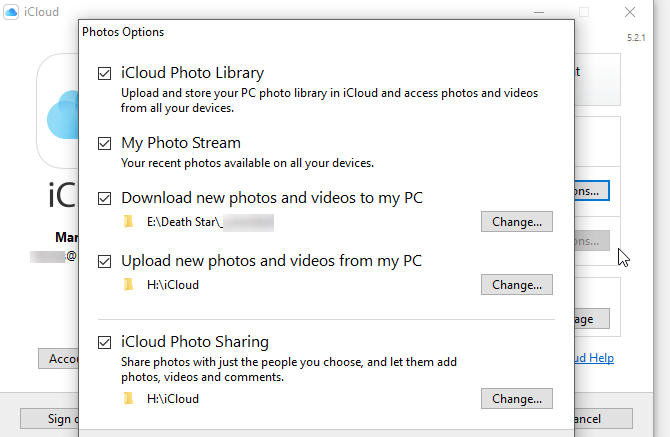 „iCloud“ valdymo skydelio nuotraukų parinkčių ekrano kopija