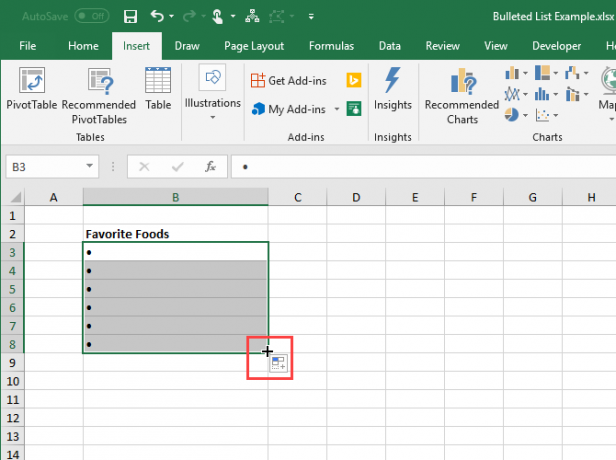 Norėdami kopijuoti ir įklijuoti kulkas, naudokite „Excel“ automatinį užpildymą