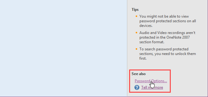 Spustelėkite slaptažodžio parinktis „OneNote 2016“