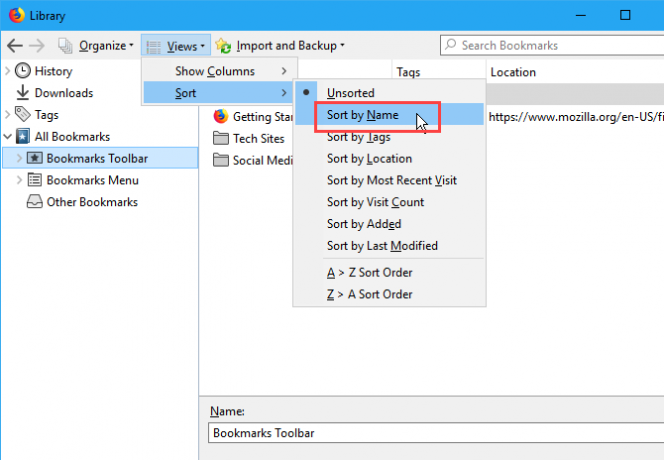 Rūšiuokite žymes pagal pavadinimą „Firefox“ dialogo lange „Biblioteka“