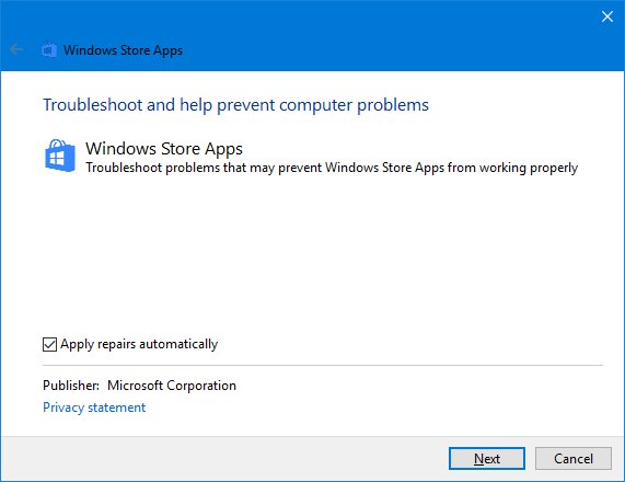 „Windows Store“ programų trikčių šalinimo įrankis