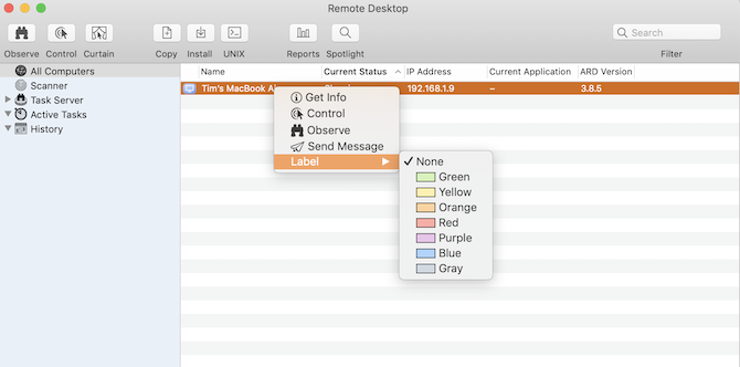 „Apple Remote Desktop“ etikečių funkcijos