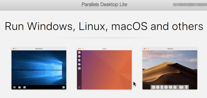 „Mac OS“ „Parallels Desktop Lite“ pradžios ekranas