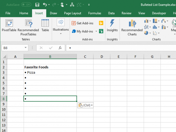 Nukopijuokite ir įklijuokite kulką į kitus „Excel“ langelius